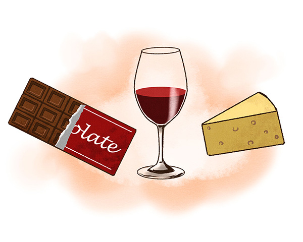 片頭痛の誘因となり得るチョコレート、ワイン、チーズのイラスト