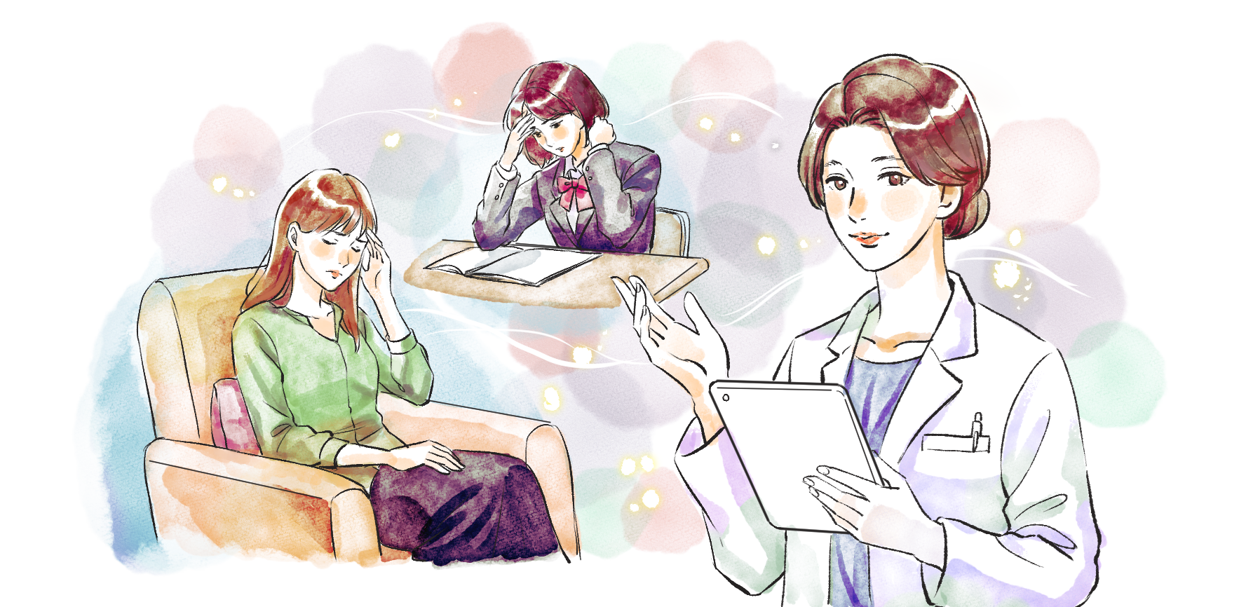 頭痛に悩む患者さんと医師の診察イラスト