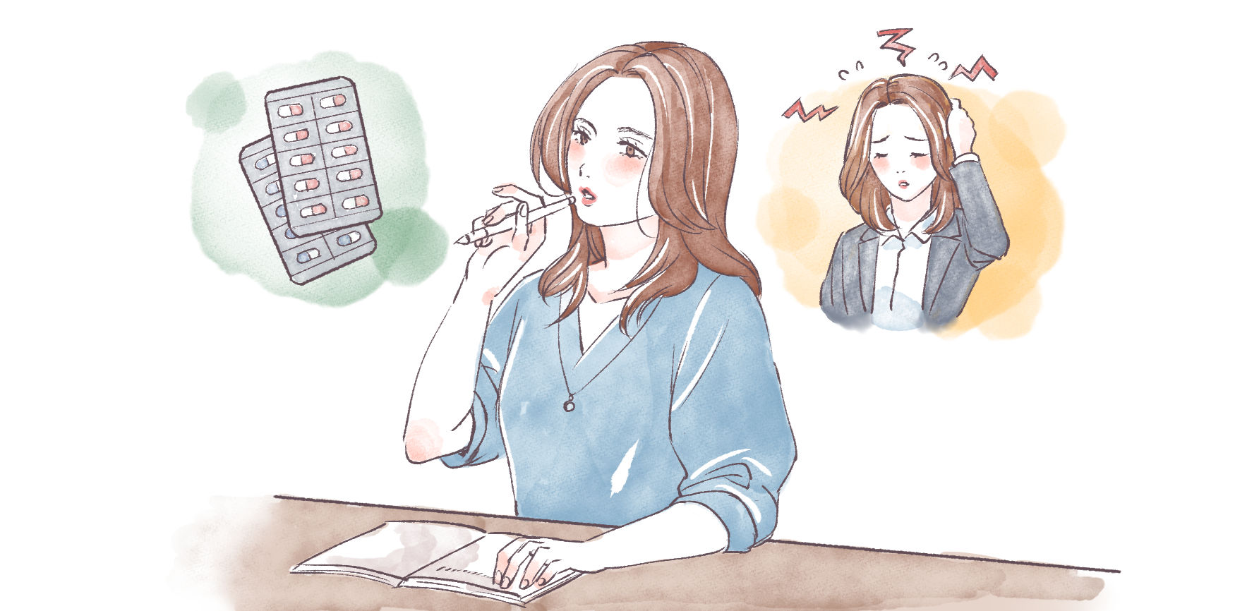 頭痛ダイアリーで記録をつける女性